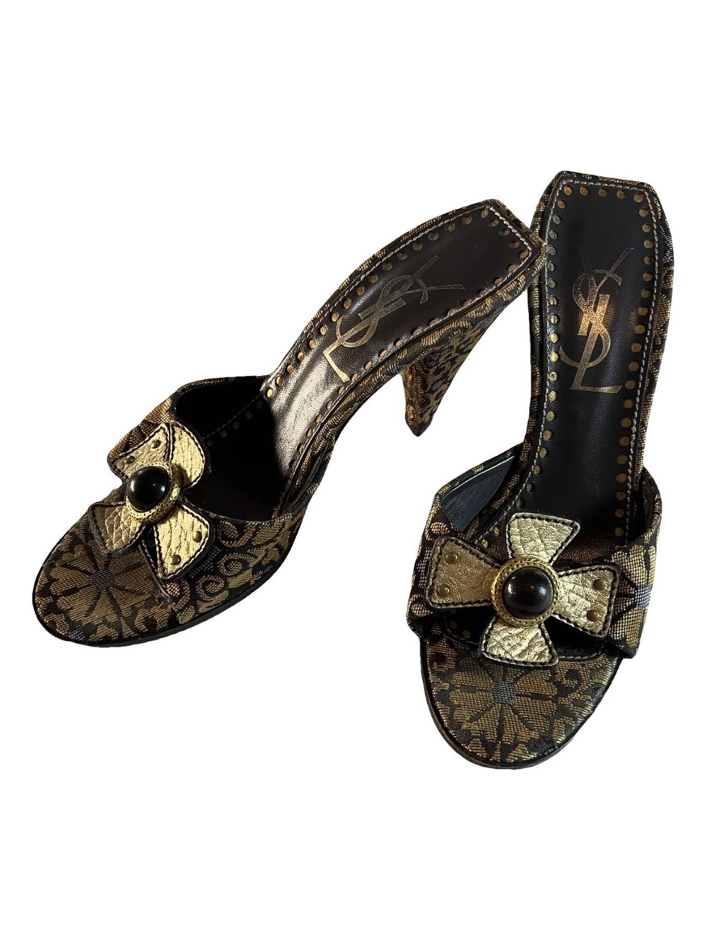 Yves Saint Laurent Oro/Chocolate Canvas Casablanca Slide Sandals Size 36.5